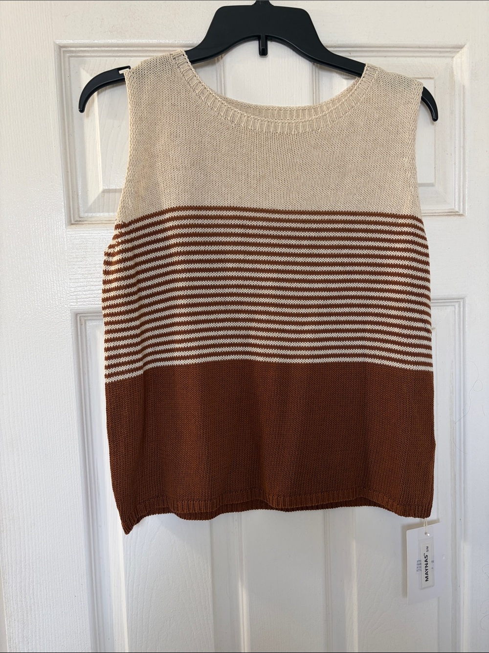 Sleeveless Crewneck Stripe Sweater Tank - Cream & Brown